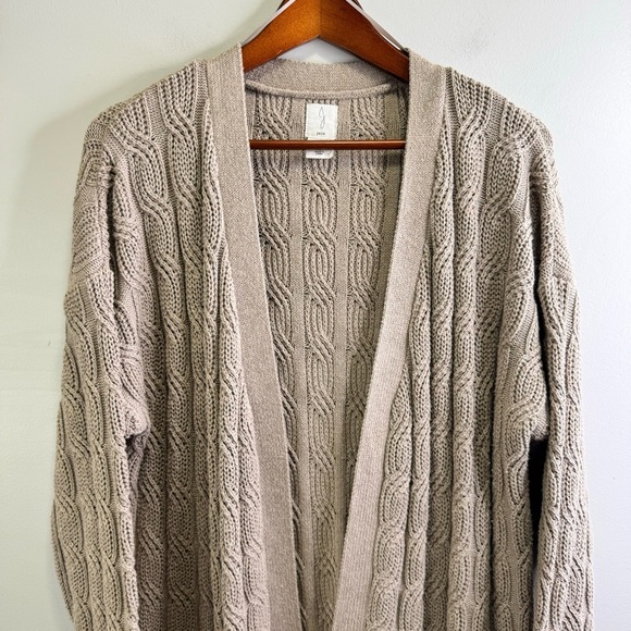 Joie Tan Long Sleeve Cable Knit Long Cardigan Open Front Sweater Size Large - Picture 3 of 13